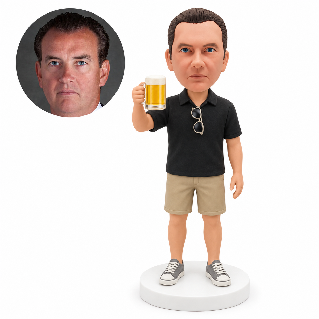 custom bobblehead figure man in a polo shirt and shorts raising a beer mug