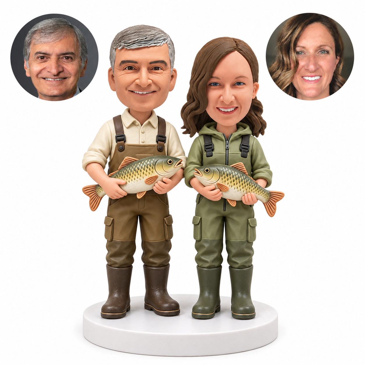 custom bobblehead figures fishing couple each holding a fish