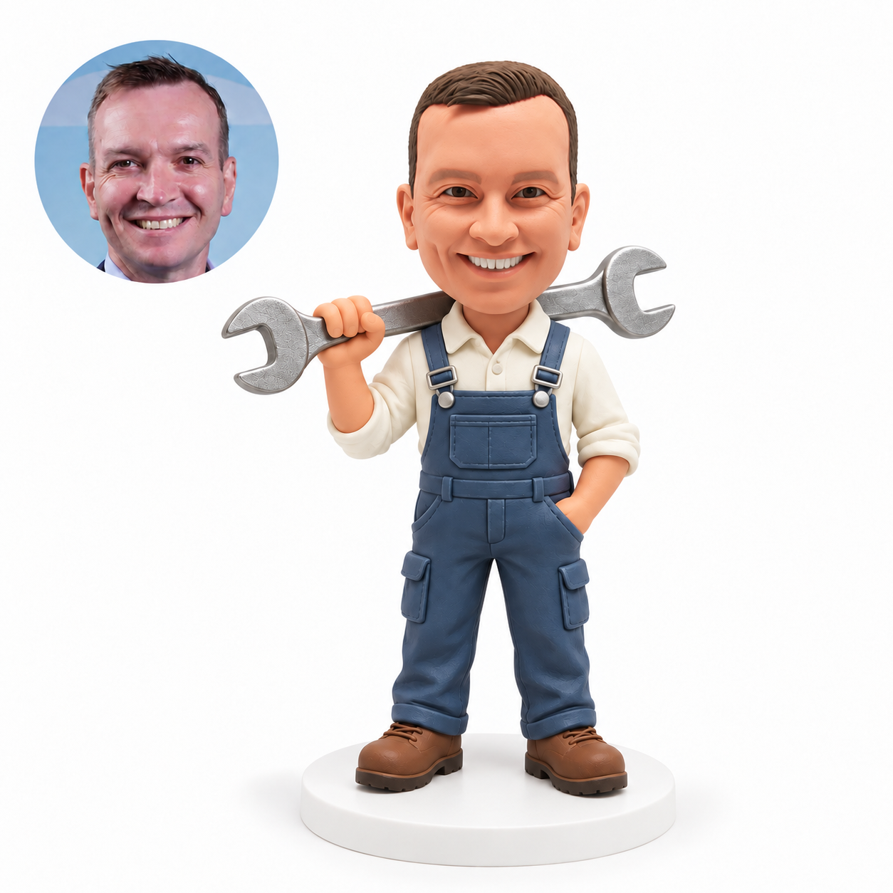 custom bobblehead figure mechanic carrying a large wrench over one shoulder