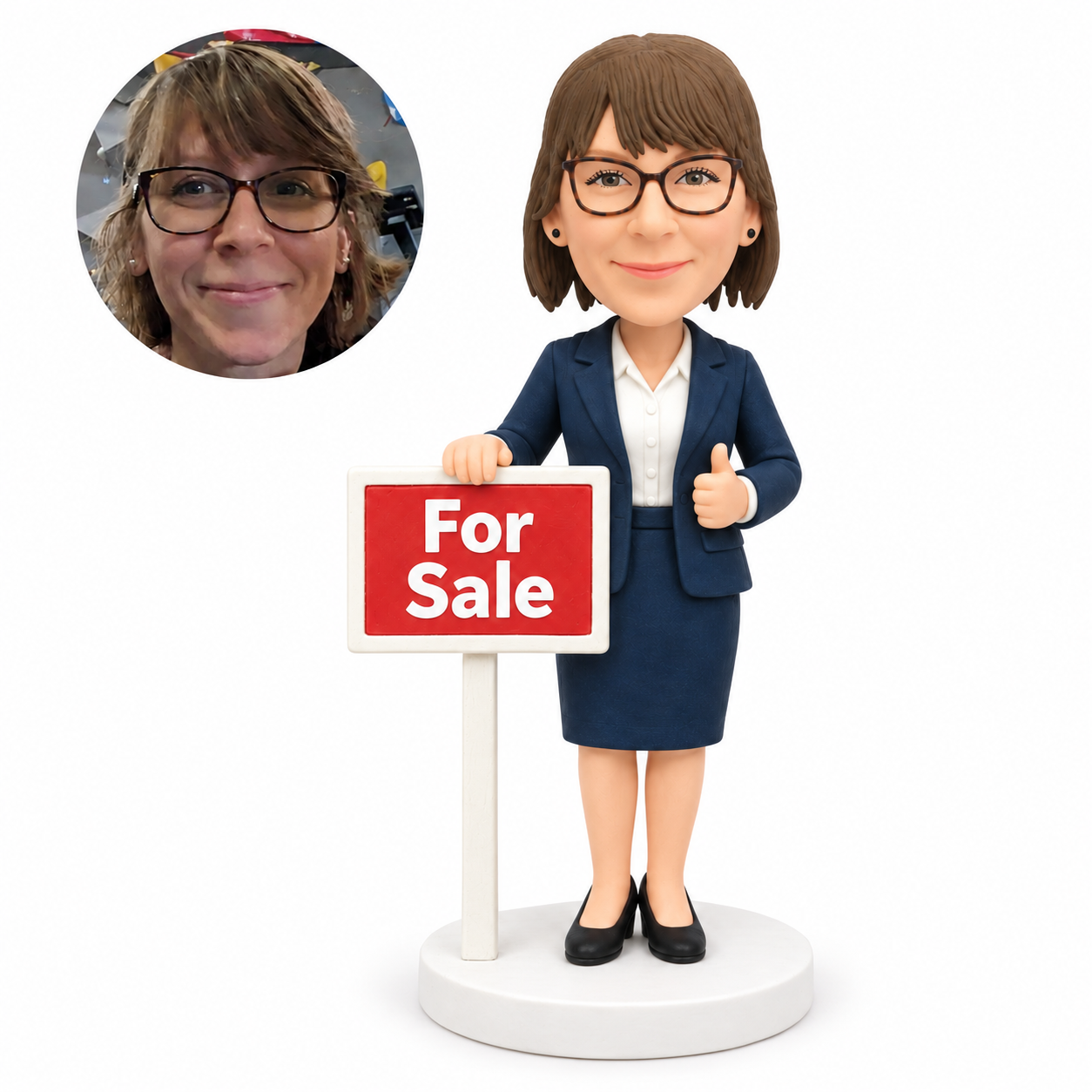 custom bobblehead figure female real estate agent beside a for sale sign giving a thumbs up