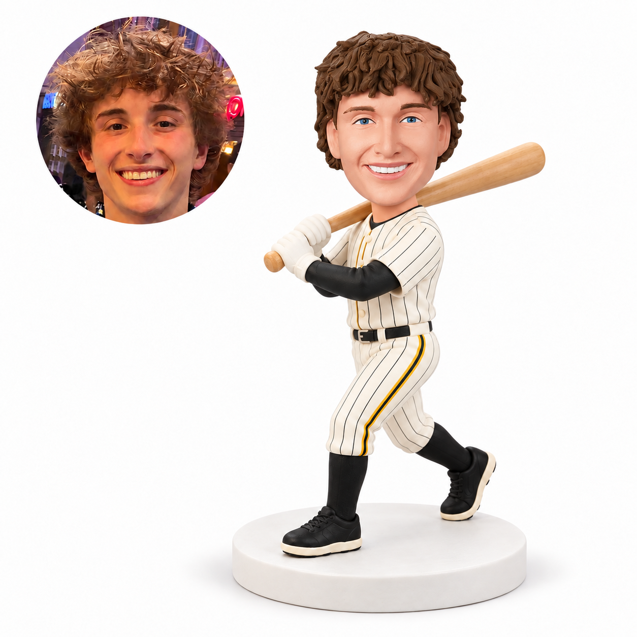 custom bobblehead figure male baseball player carrying a bat over one shoulder while stepping forward