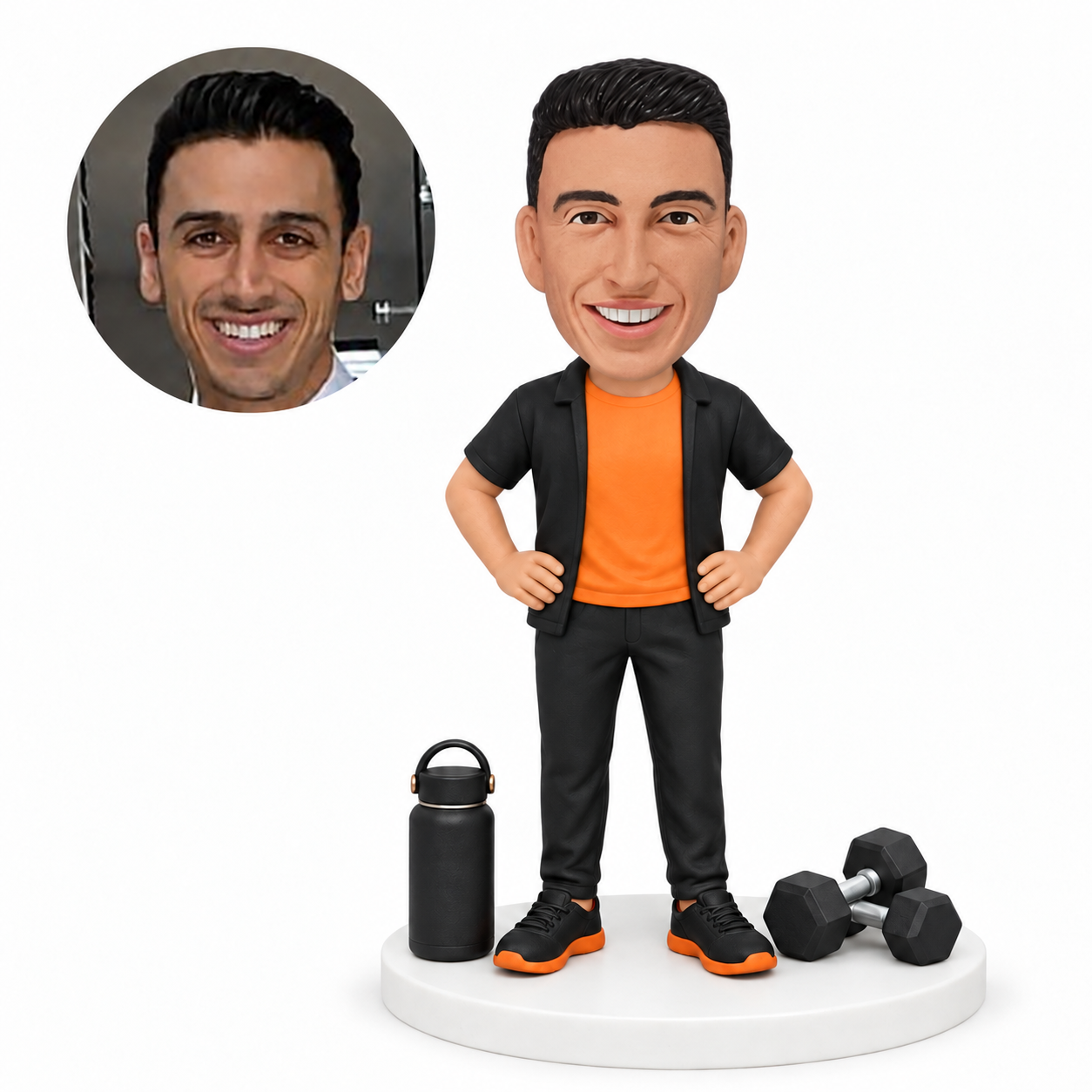 custom bobblehead figure male fitness trainer with hands on hips beside dumbbells and a bottle