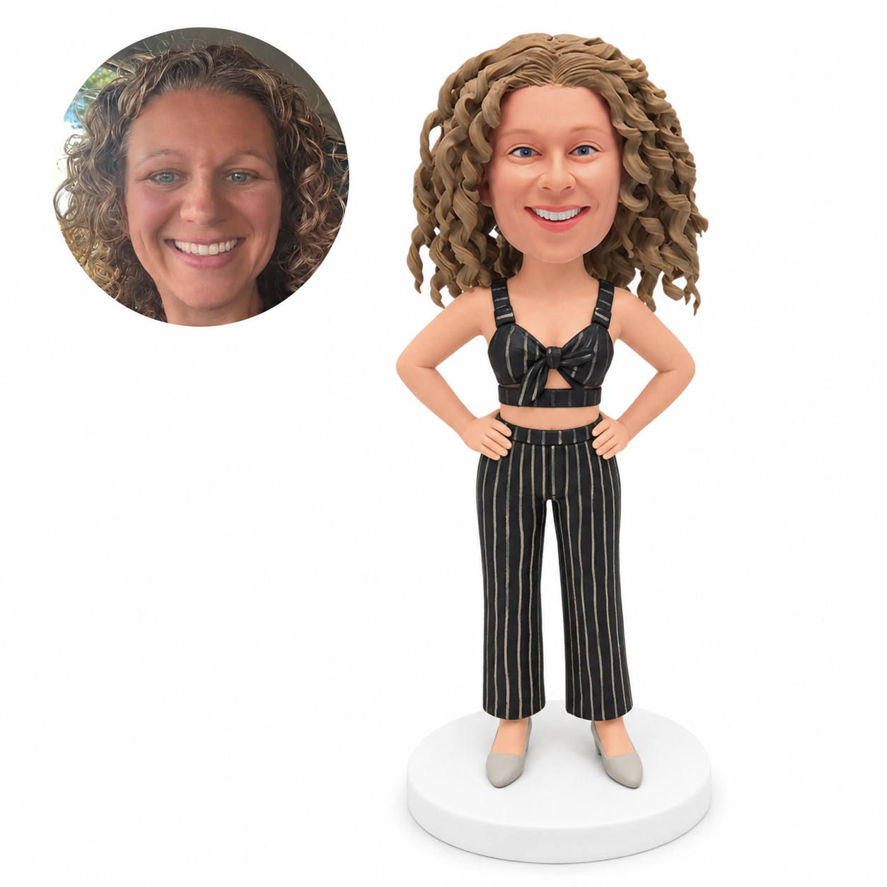 custom bobblehead figure woman in a tie-front crop top and wide-leg trousers with hands on hips