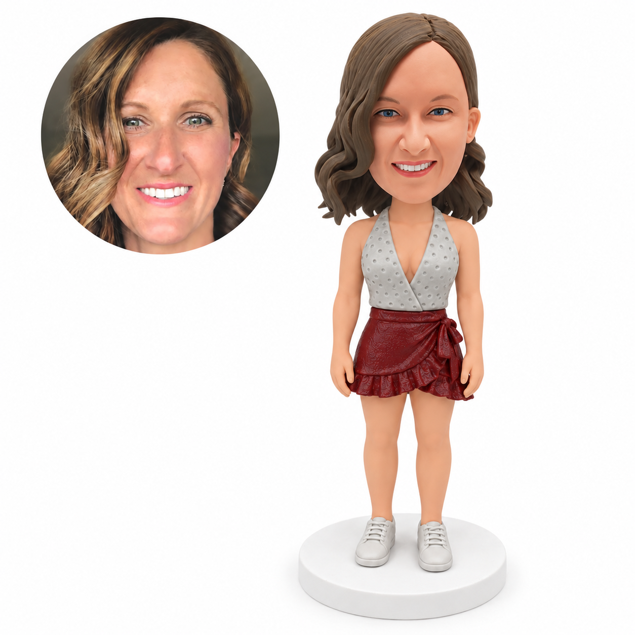 custom bobblehead figure woman in a sleeveless V-neck blouse and a ruffled wrap mini skirt