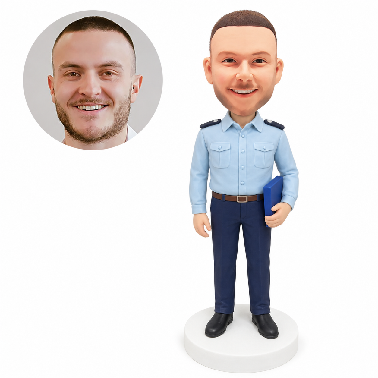 custom bobblehead figure police officer in a long-sleeve uniform holding a document folder