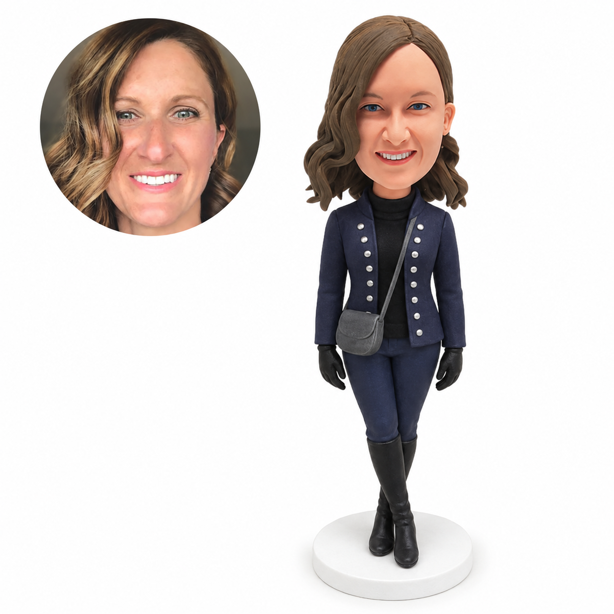 custom bobblehead figure woman in a military-style jacket and knee boots with a crossbody bag