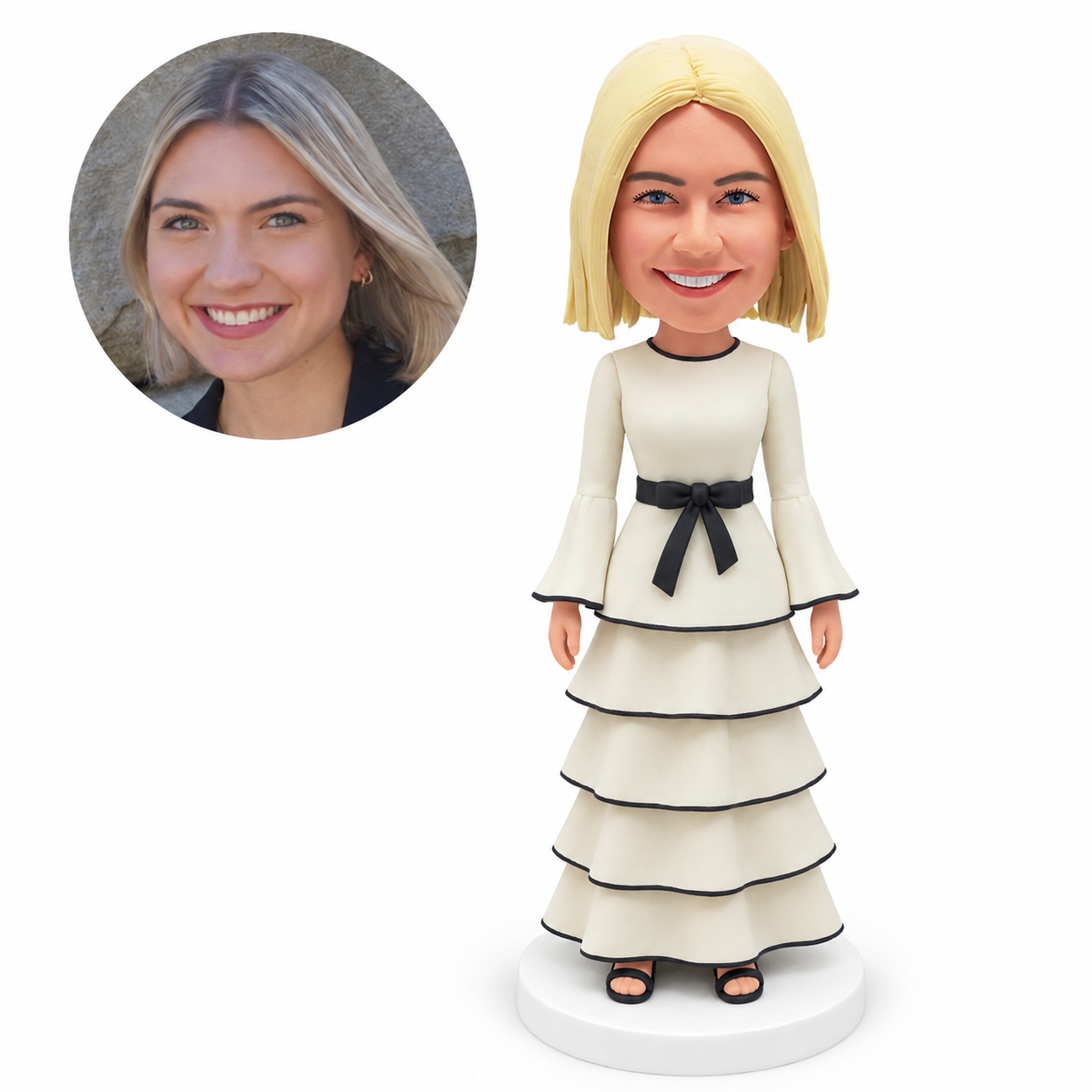 custom bobblehead figure woman in a tiered long dress with bell sleeves and a waist bow