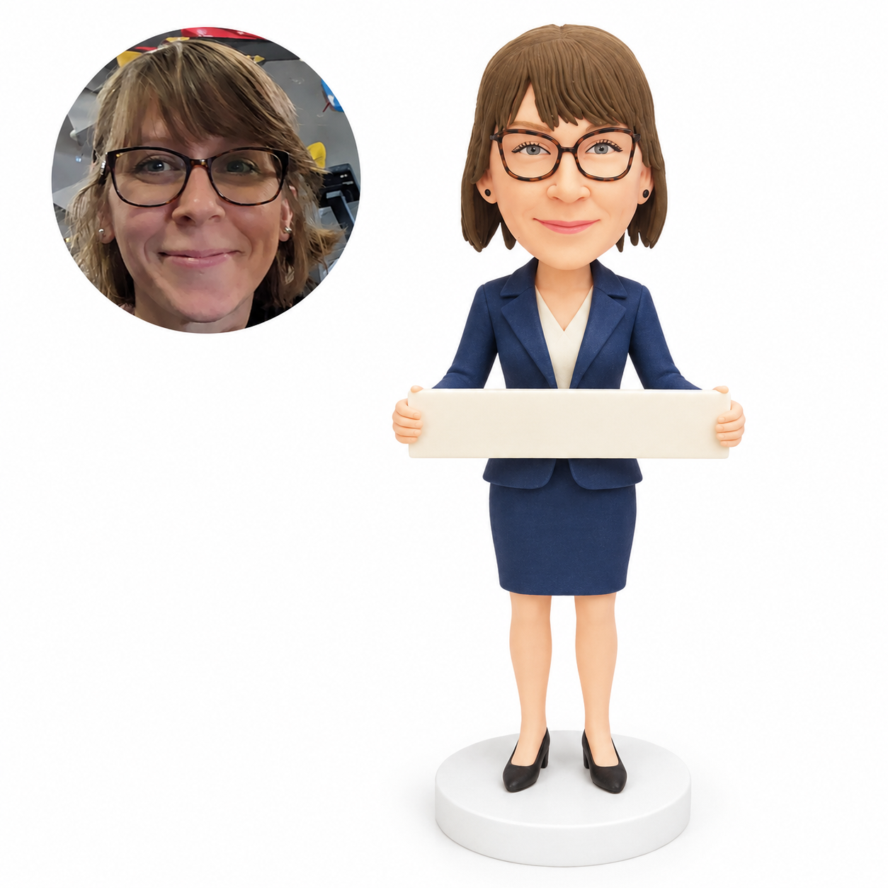 custom bobblehead figure businesswoman in a skirt suit holding a blank sign