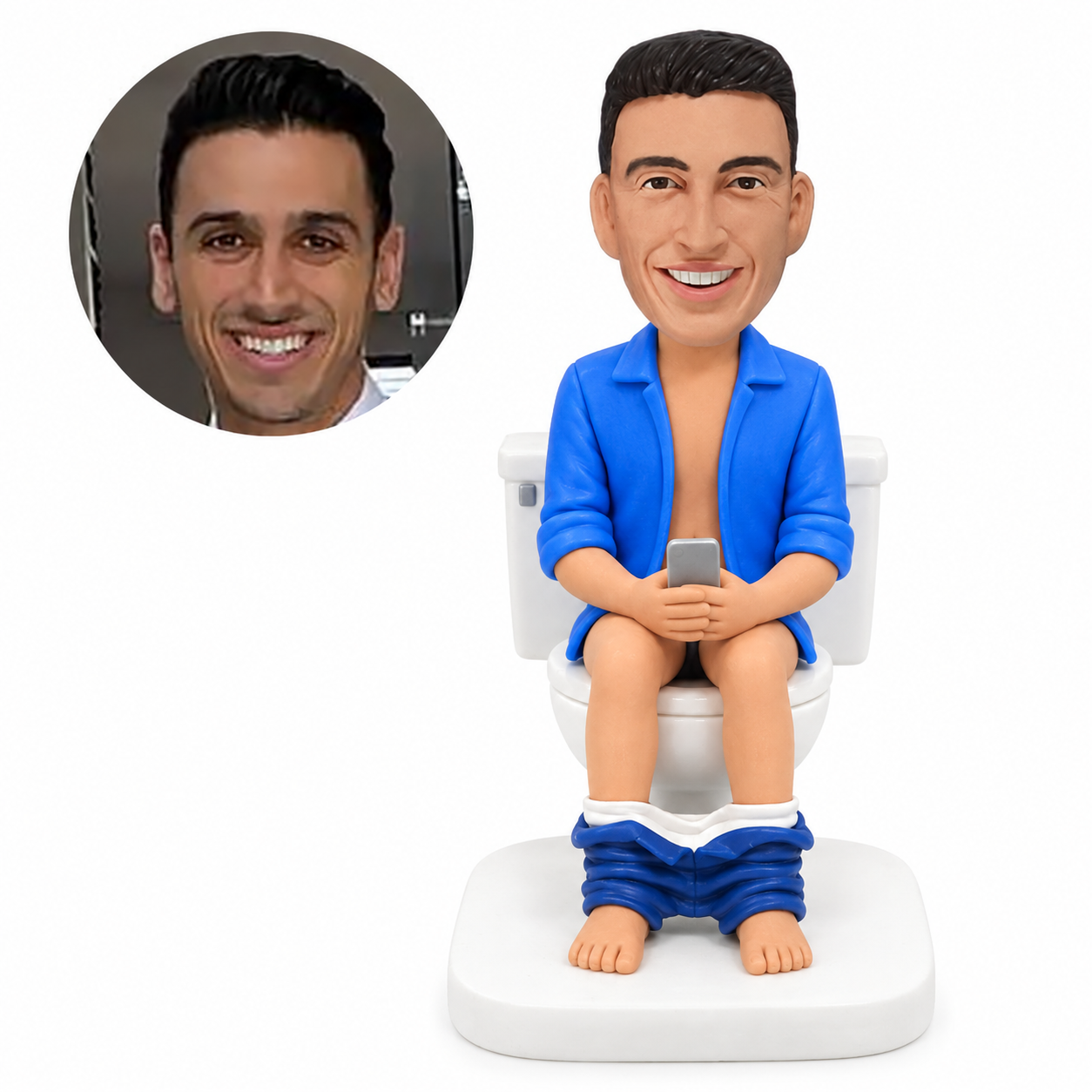 custom bobblehead figure man in an open shirt sitting on a toilet holding a phone