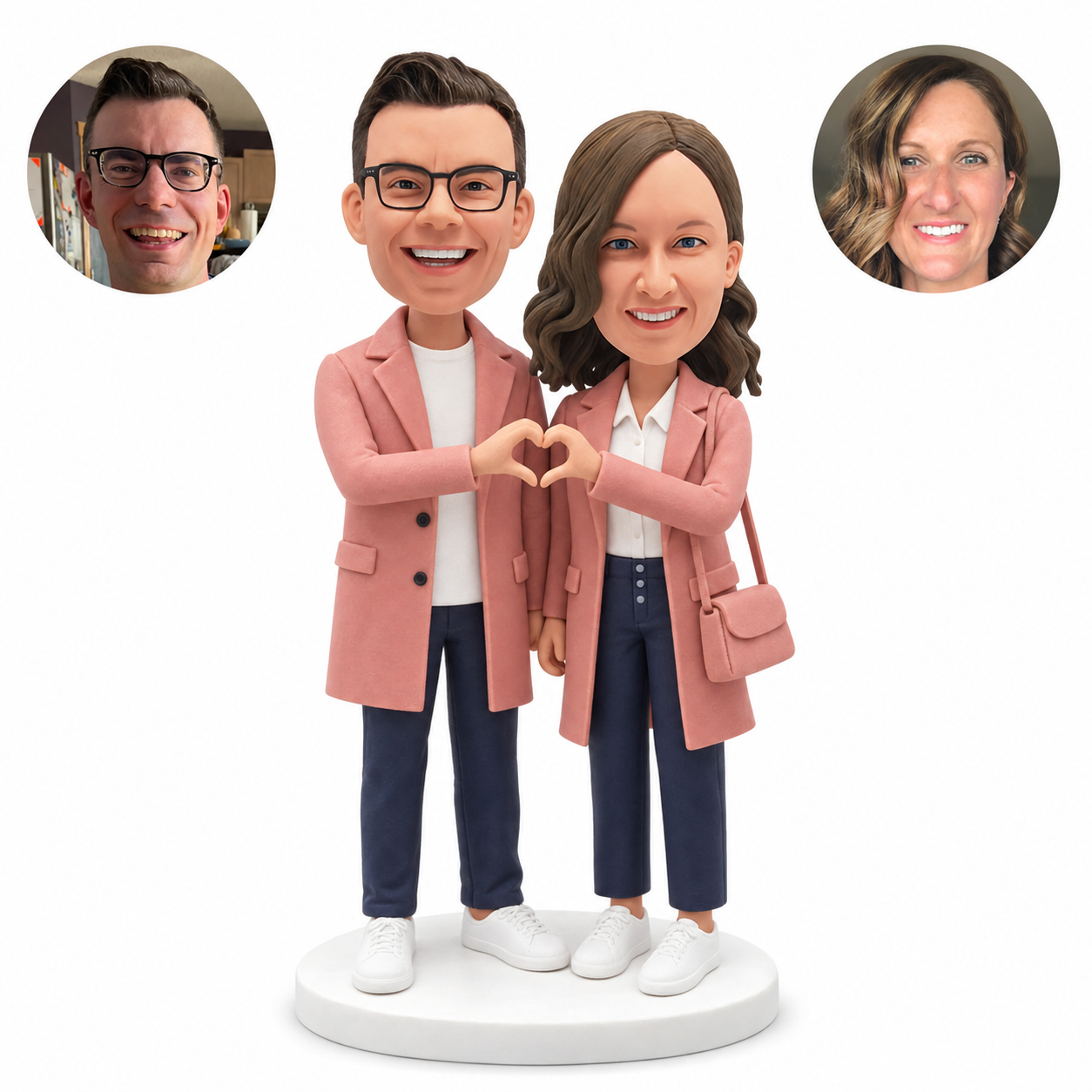 custom bobblehead figures couple in long coats making a heart with their hands