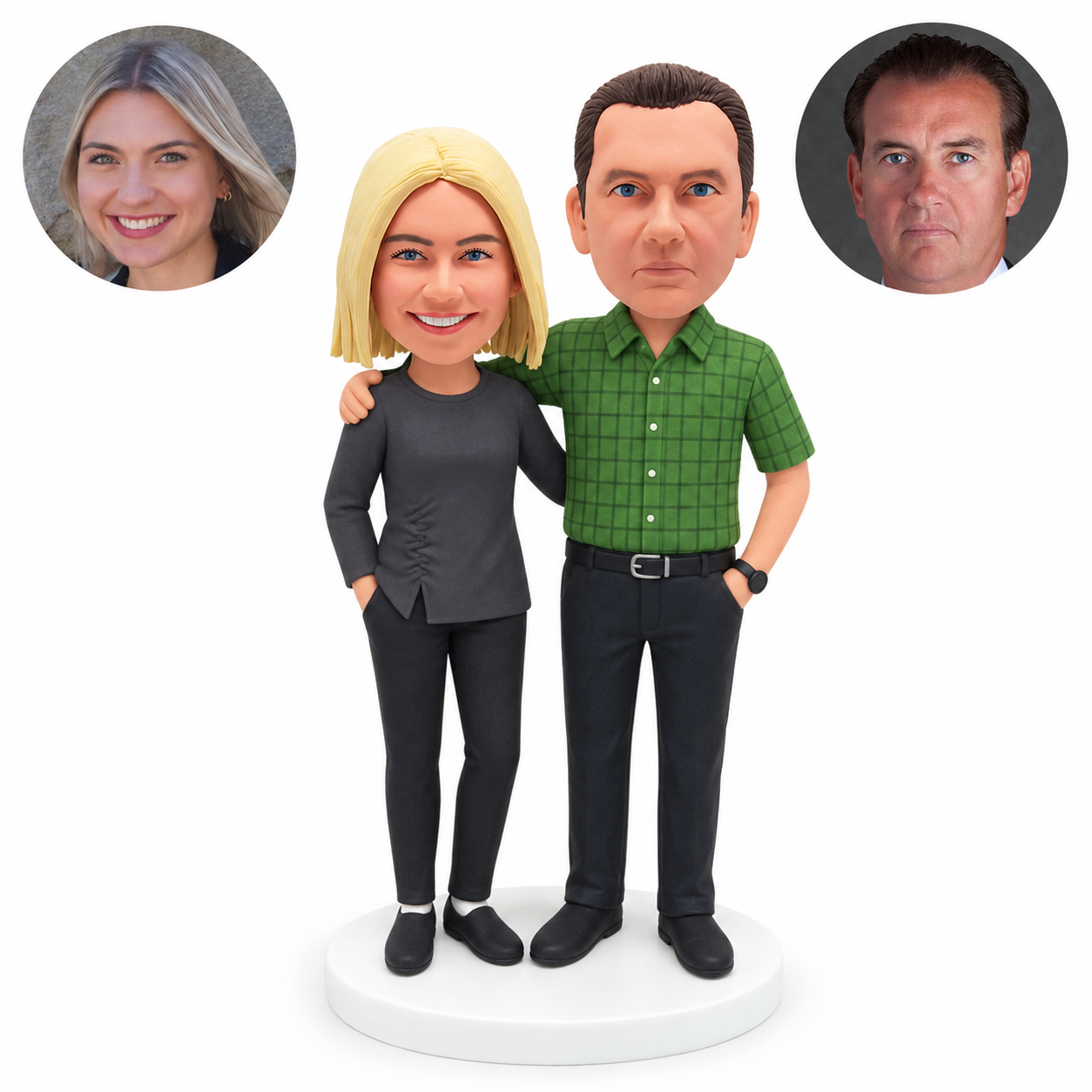 custom bobblehead figures couple with a woman in a ruched blouse and man with a hand in his pocket