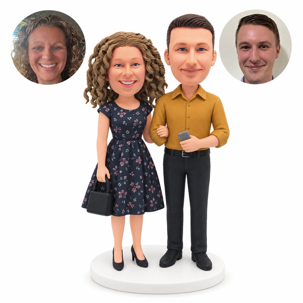 custom bobblehead figures couple with a handbag and phone