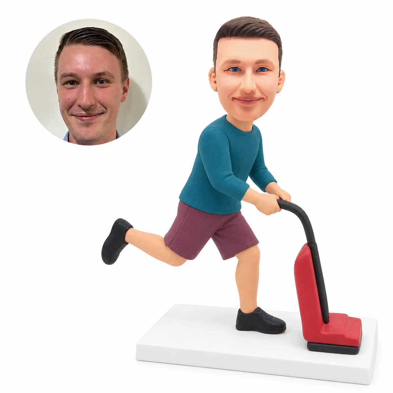 custom bobblehead figure man pushing an upright vacuum cleaner in a running pose