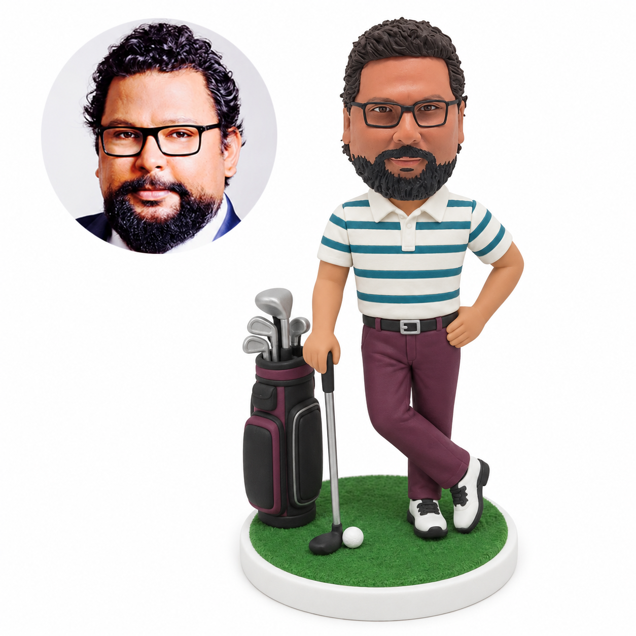 custom bobblehead figure golfer with crossed ankles holding a club beside a golf bag