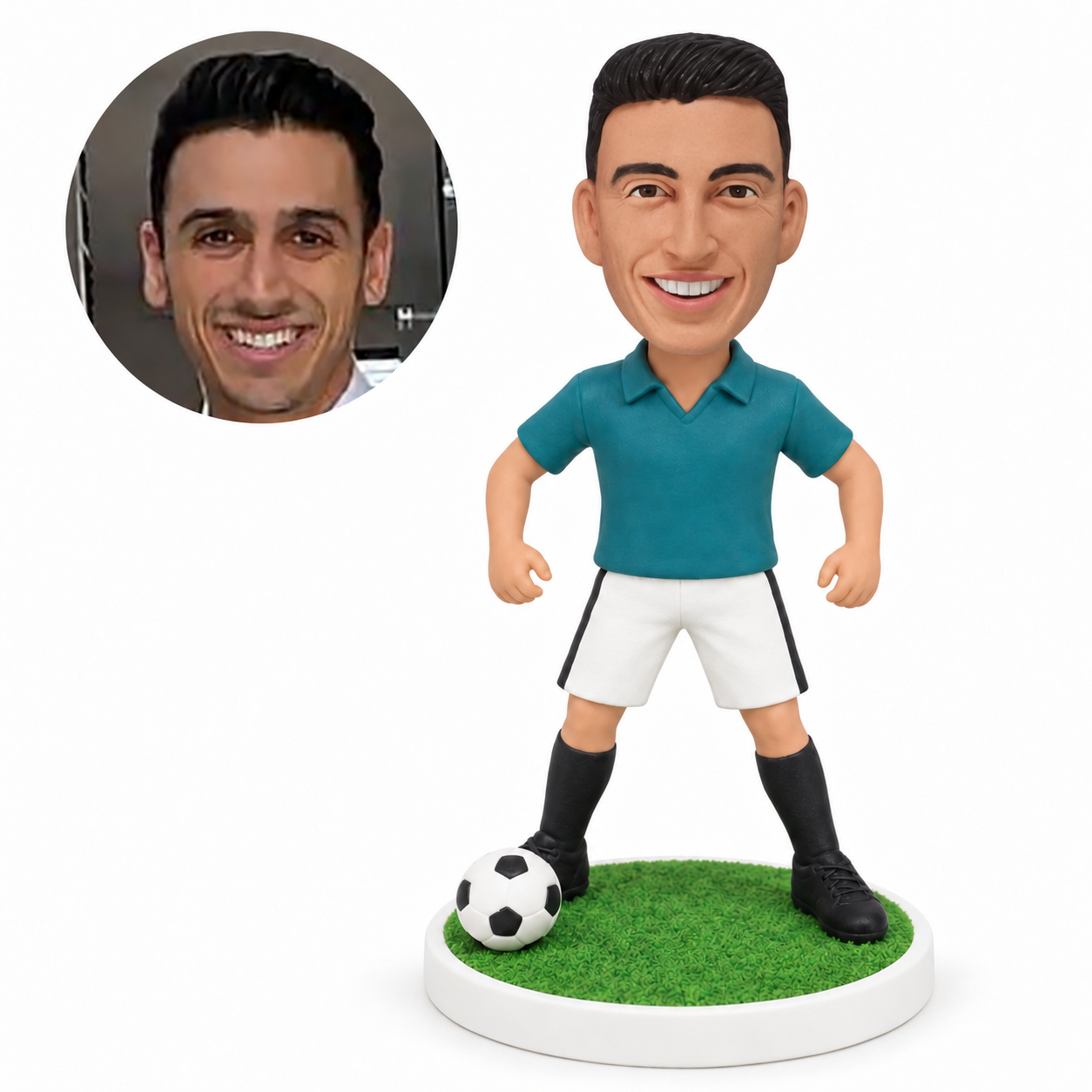 custom bobblehead figure male soccer player in a polo standing wide with both arms bent outward