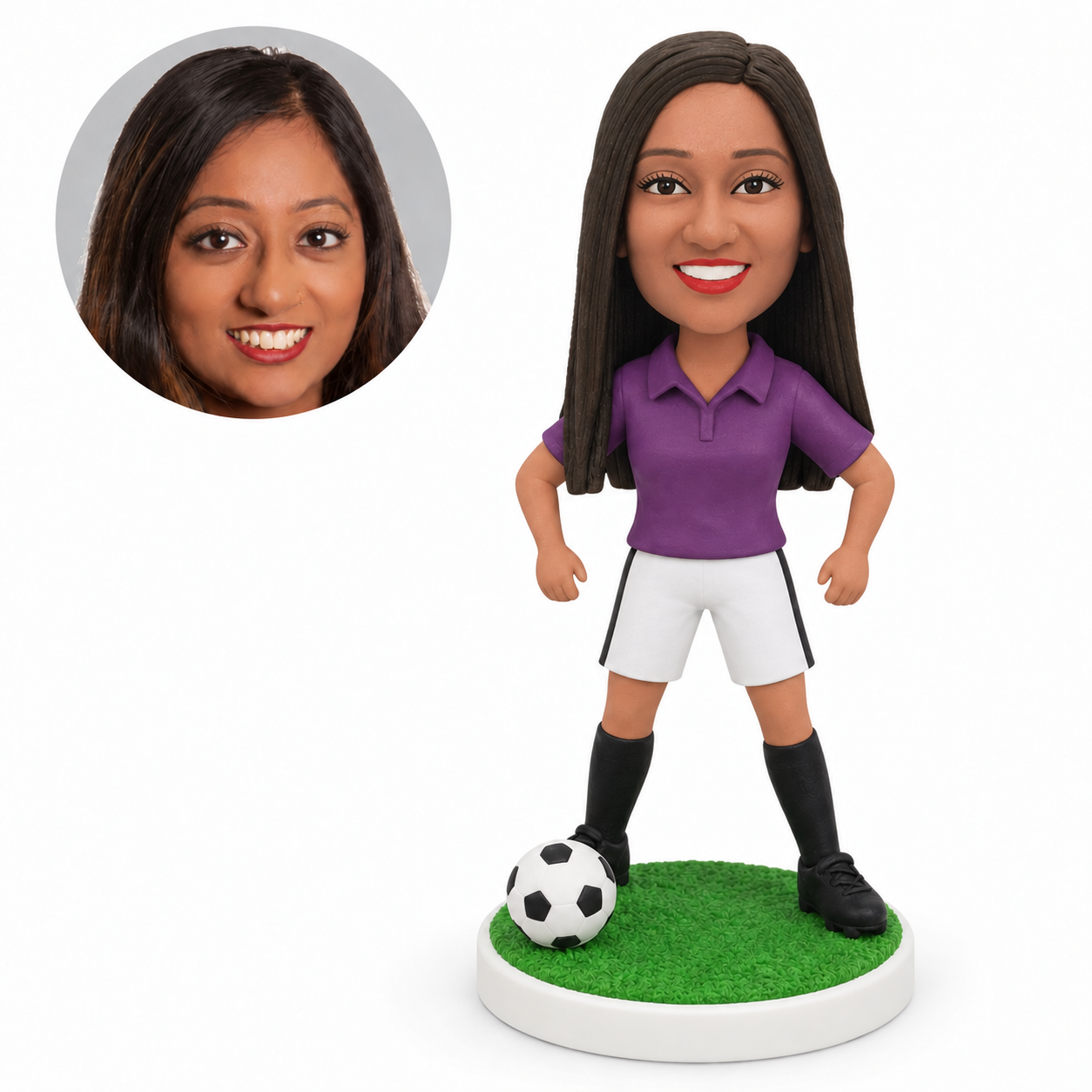 custom bobblehead figure female soccer player in a polo standing wide with both arms bent outward