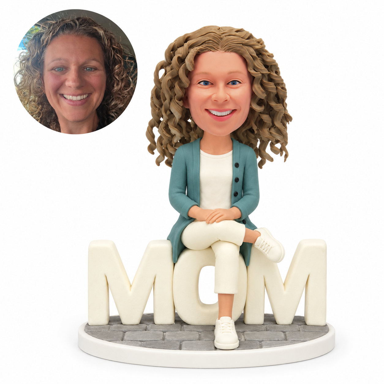 custom bobblehead figure mother in a cardigan sitting cross-legged on MOM letters