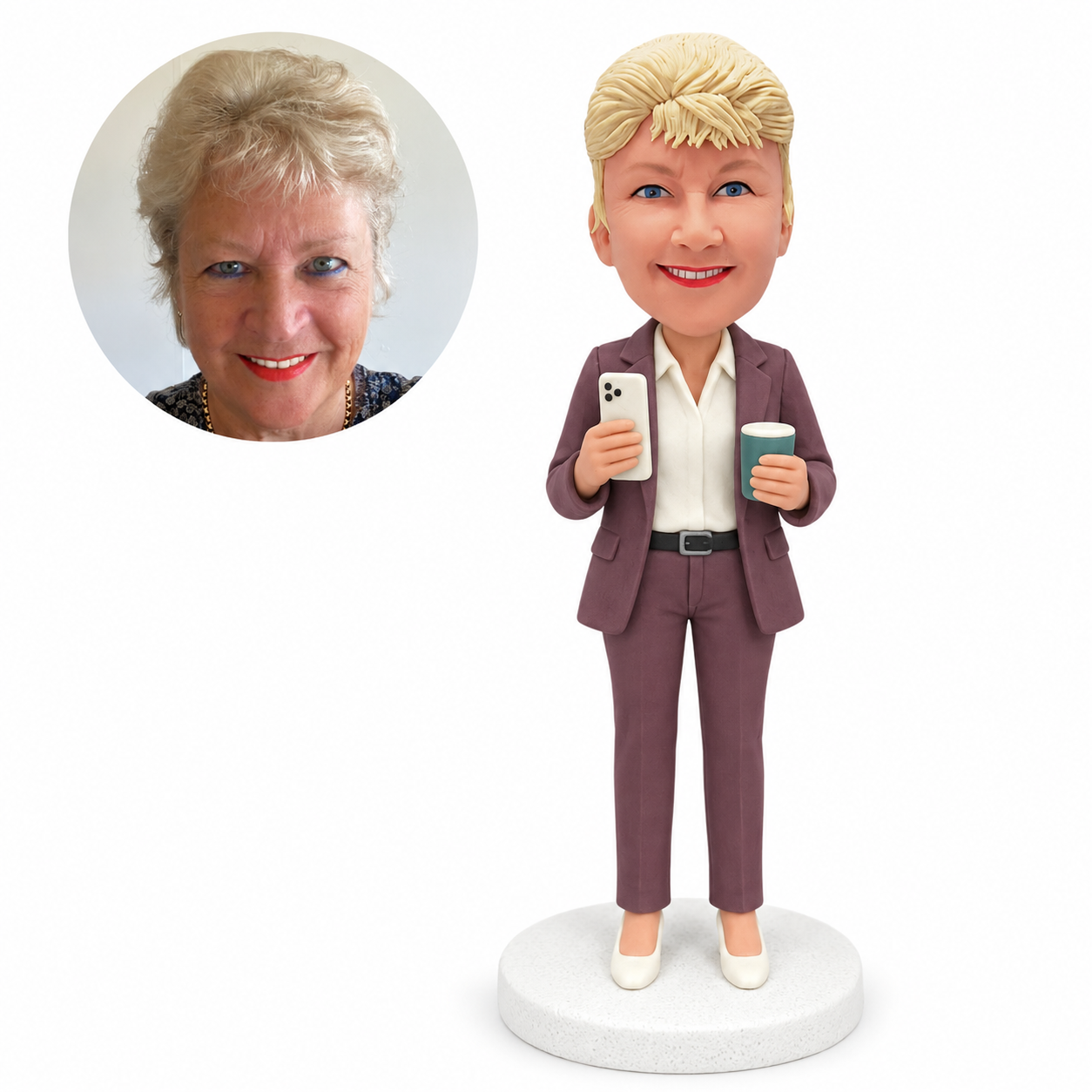 custom bobblehead figure businesswoman in a trouser suit holding a phone and a drink