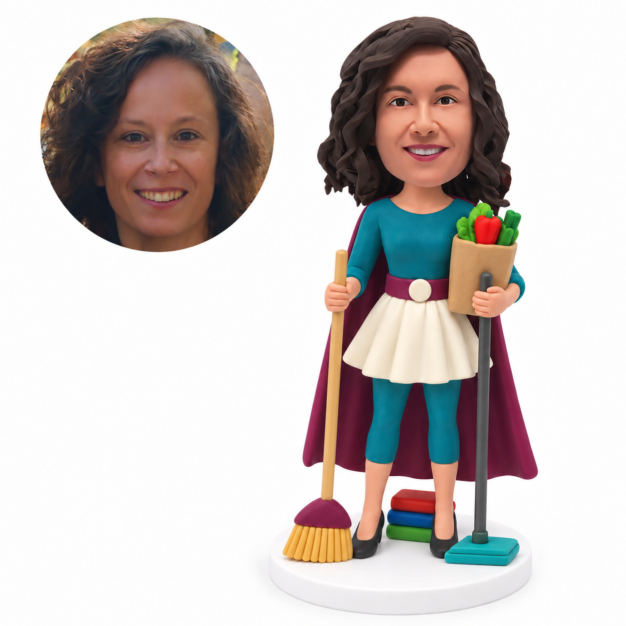 custom bobblehead figure super mom with a broom a mop and a grocery bag