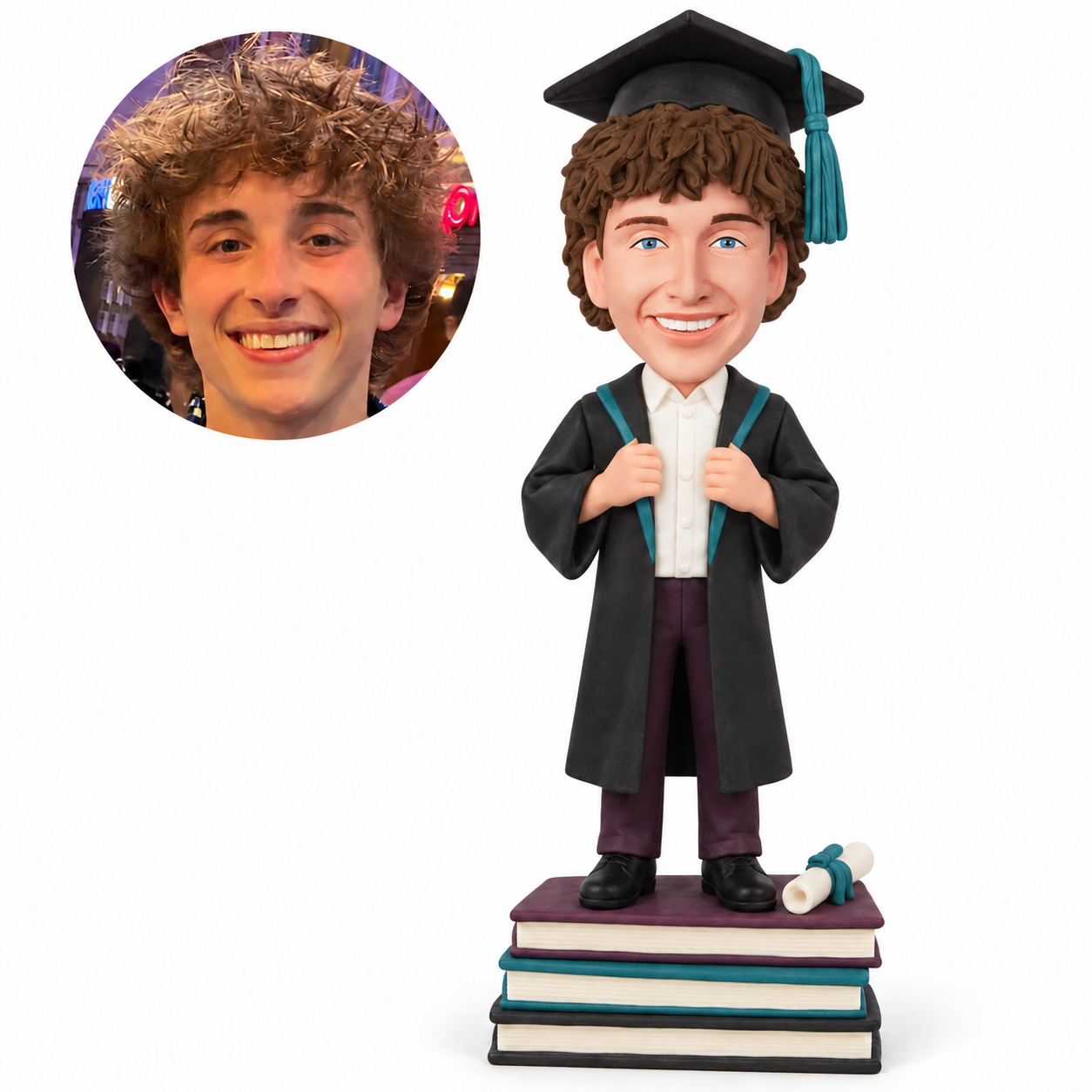 custom bobblehead figure male graduate gripping his gown lapels on stacked books