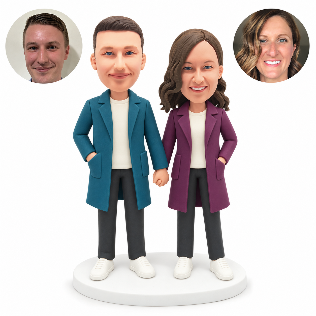 custom bobblehead figures couple in long coats holding hands with their outer hands in pockets
