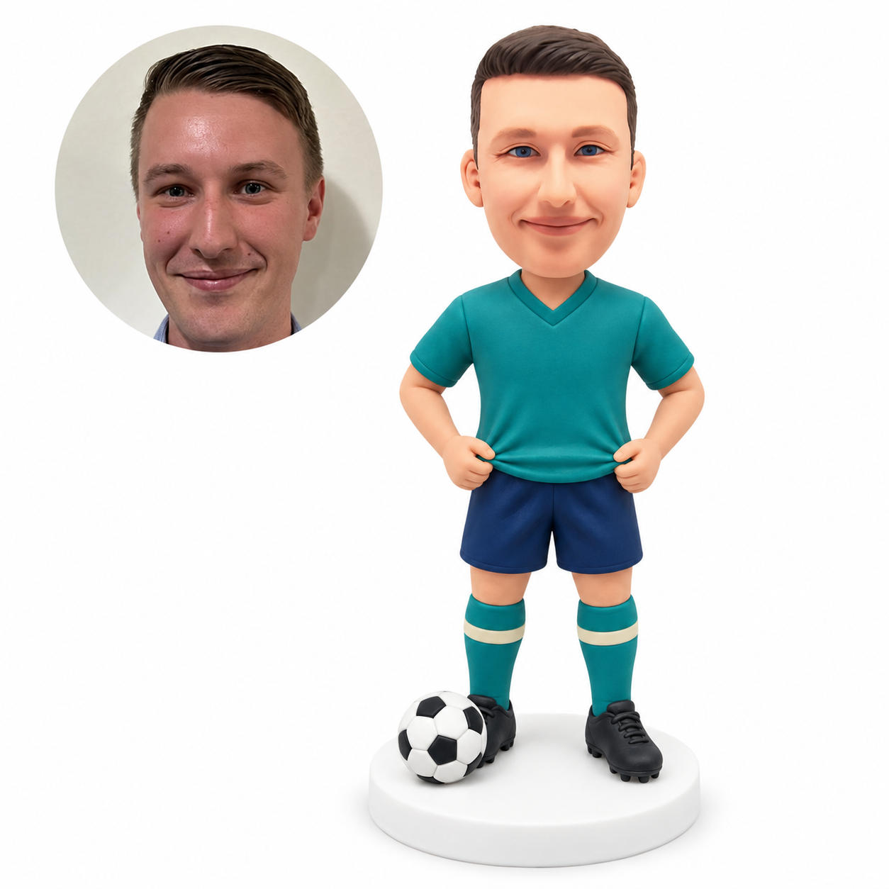 custom bobblehead figure male soccer player holding jersey hem with ball on base; original Bobblefigurine sculpted clay head and matching human portrait.