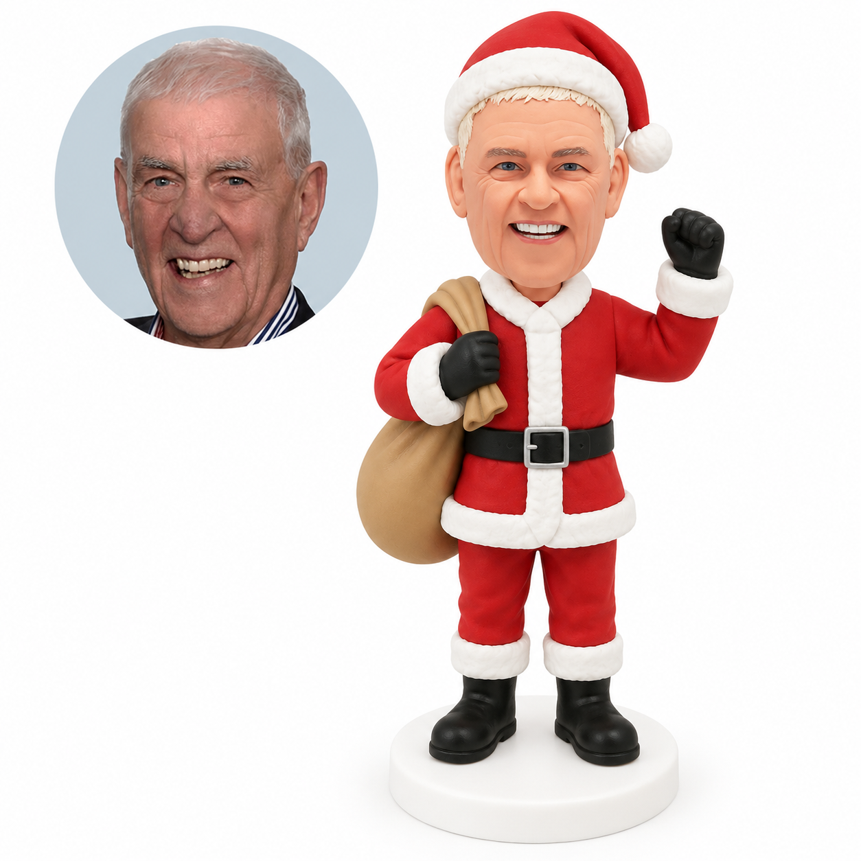 custom bobblehead figure male Santa with shoulder sack and raised empty mitten; original Bobblefigurine sculpted clay head and matching human portrait.