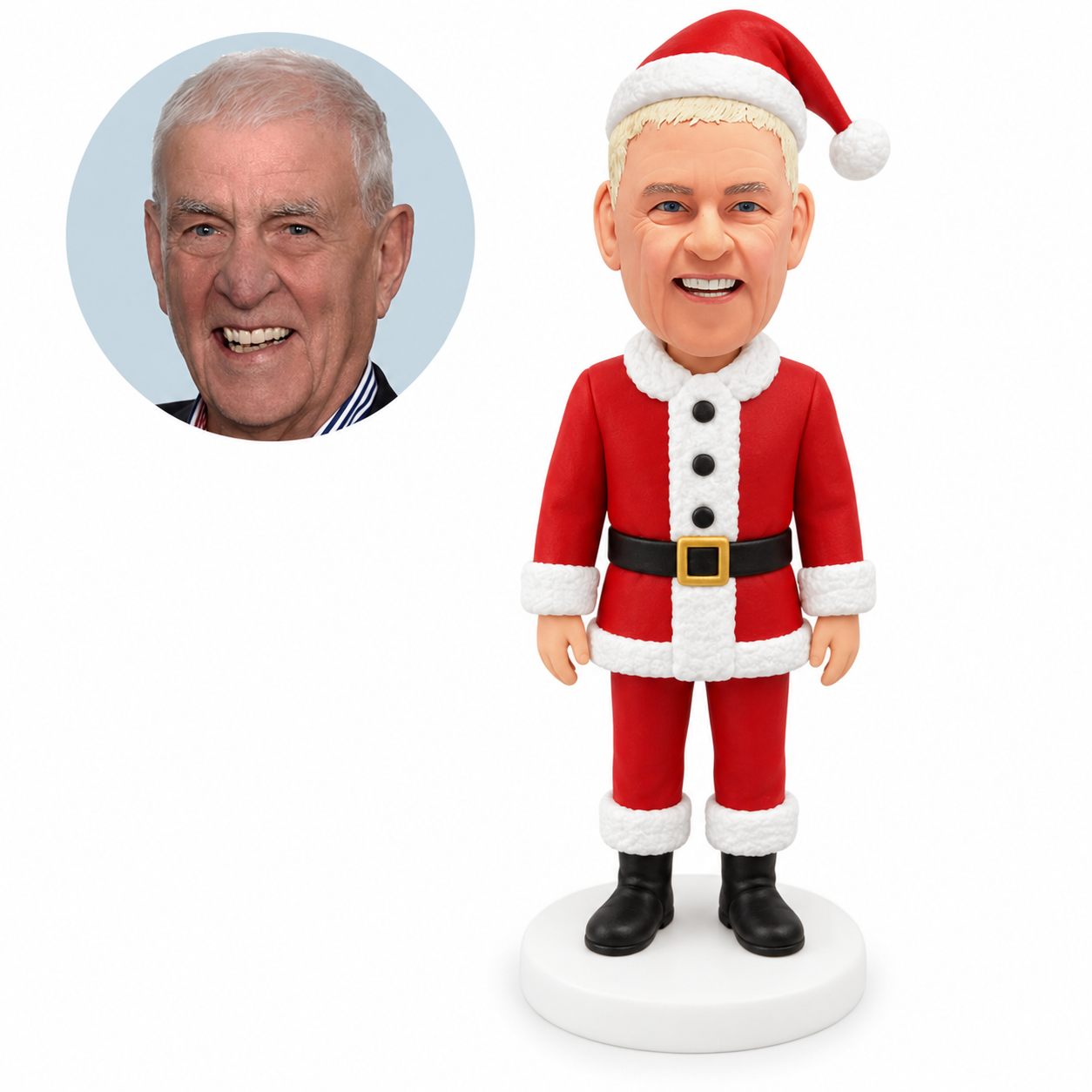 custom bobblehead figure male Santa standing with both arms down; original own-site sculpted polymer-clay head and matching human photo.