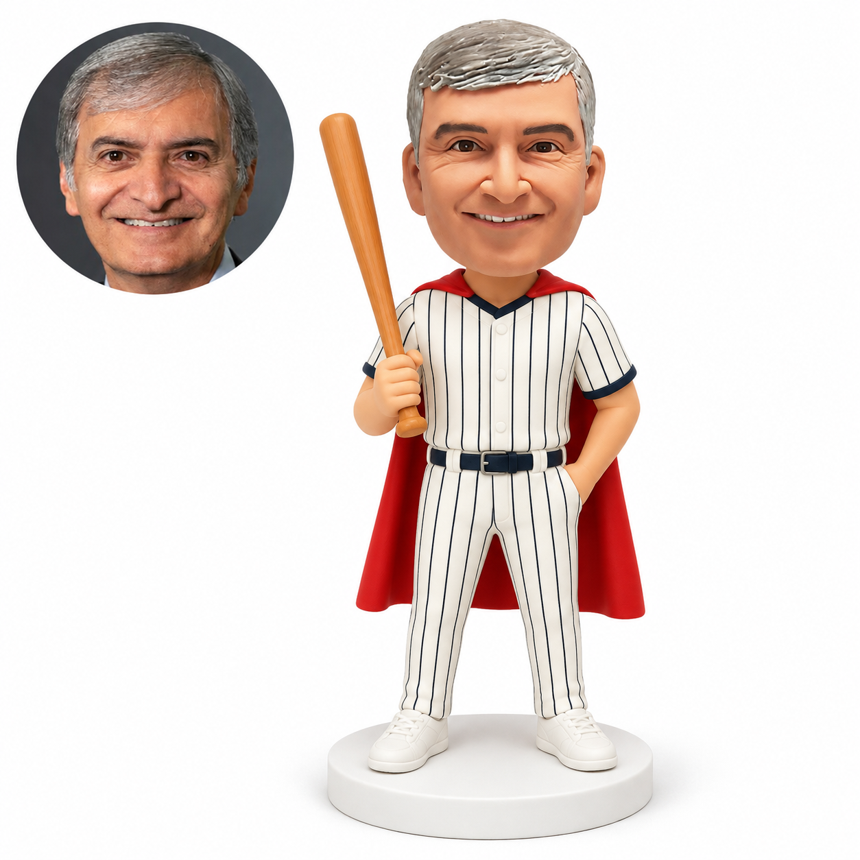 custom bobblehead figure male baseball hero holding a bat with the other hand in a pocket