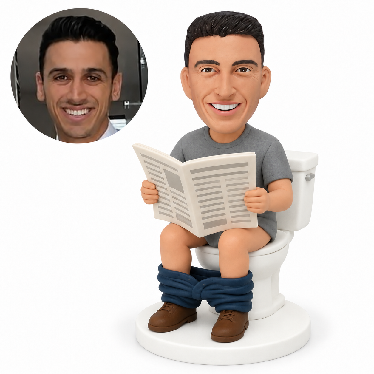 custom bobblehead figure man reading a newspaper while seated on a toilet