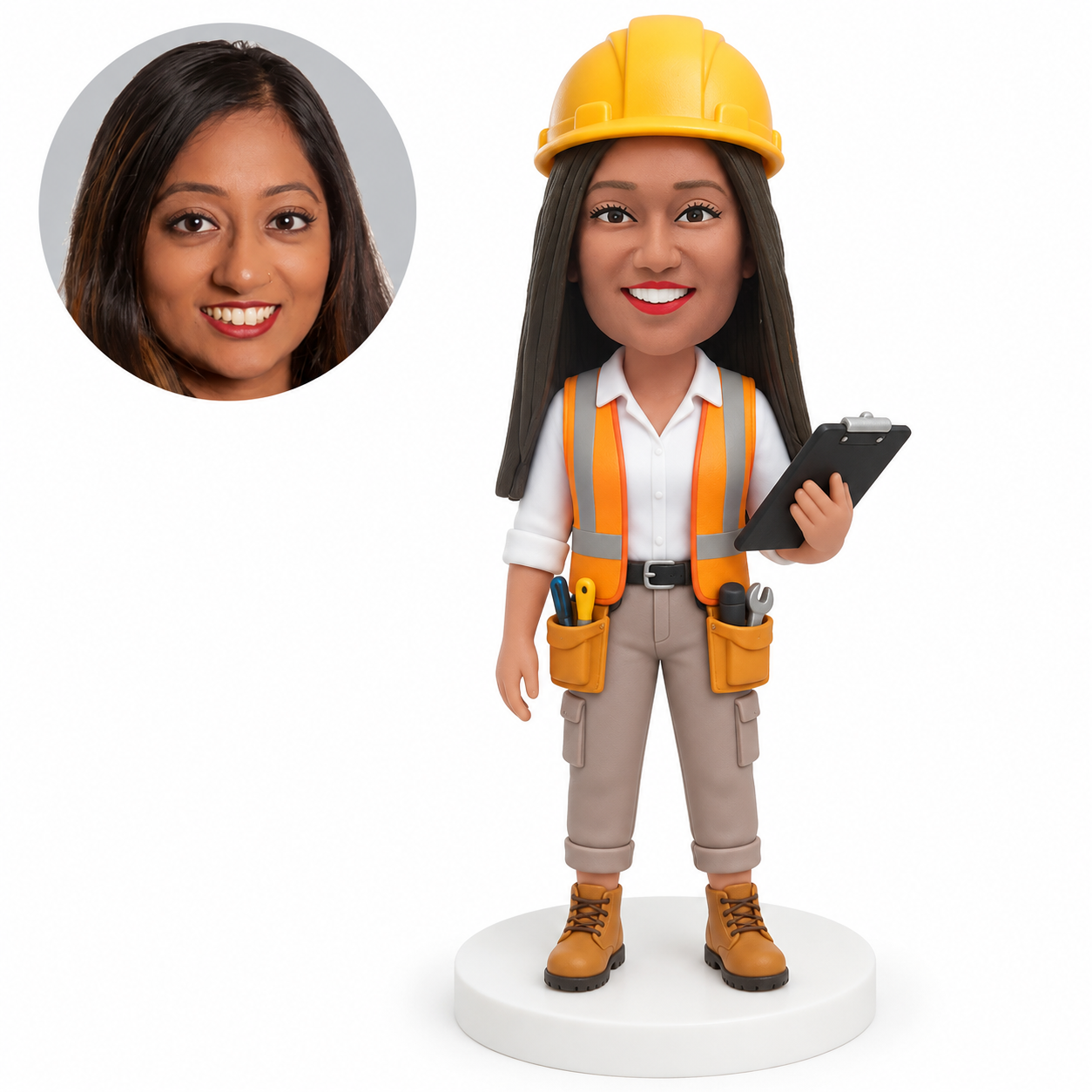 custom bobblehead figure female engineer holding a clipboard in a hardhat and tool belt