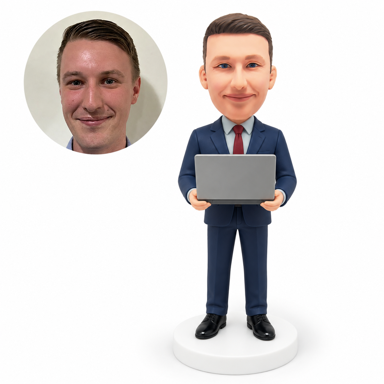 custom bobblehead figure male software engineer holding an open laptop by both sides