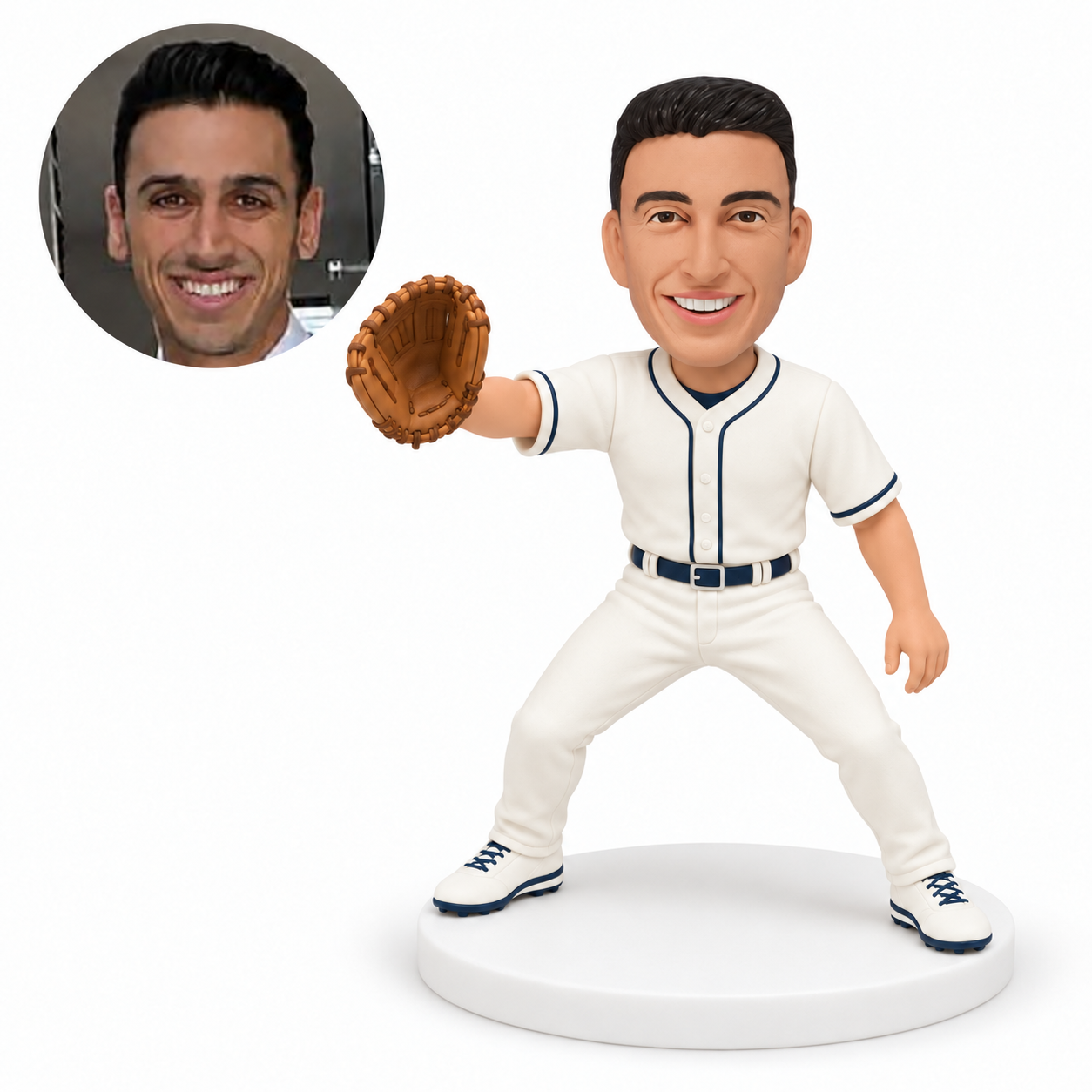 custom bobblehead figure male baseball player extending a glove sideways with his other arm down