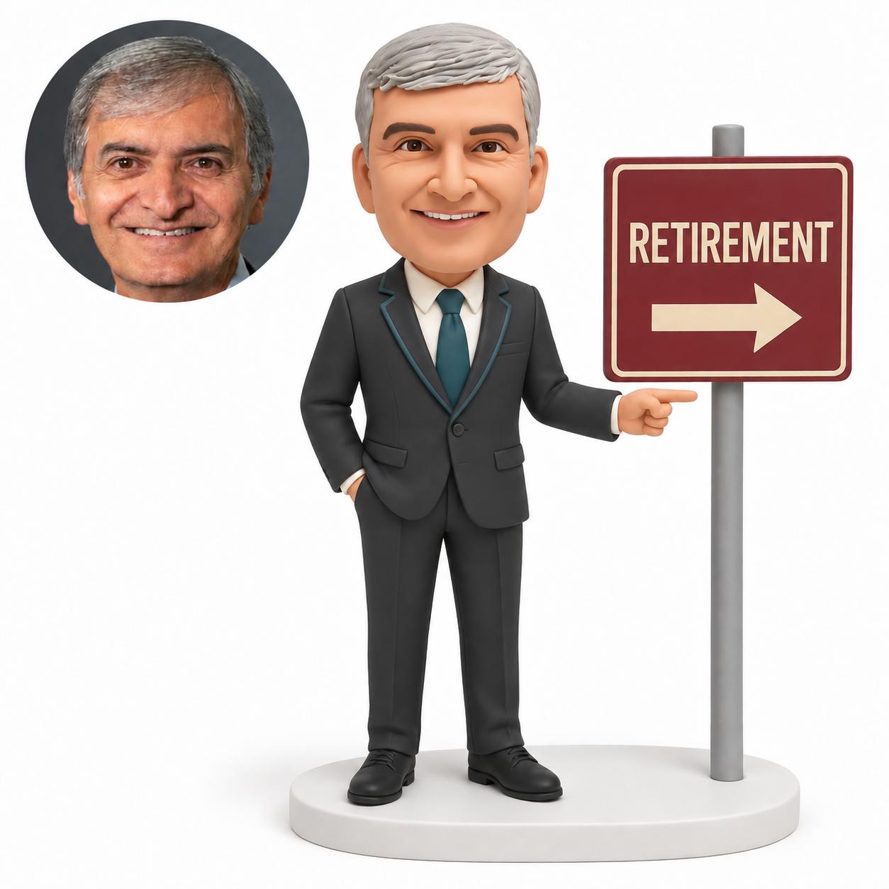 custom bobblehead figure retired businessman pointing toward a freestanding street sign