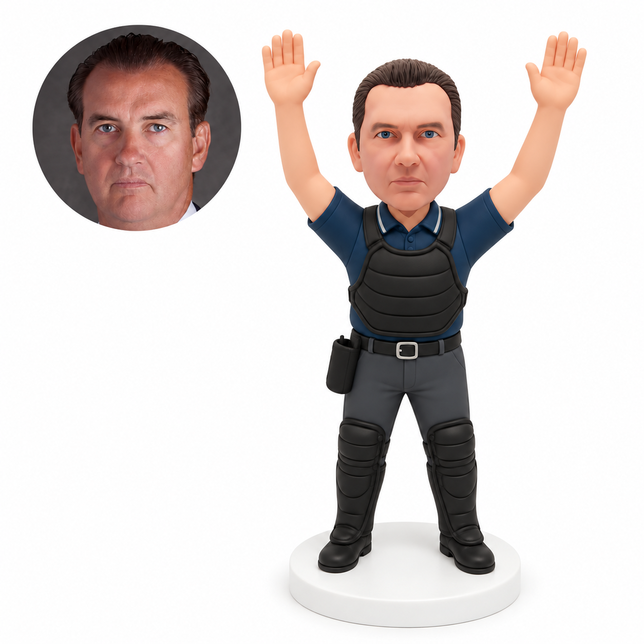 custom bobblehead figure male baseball umpire raising both hands in protective gear