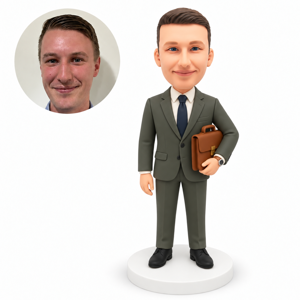 custom bobblehead figure businessman in a suit holding a briefcase upright against his side
