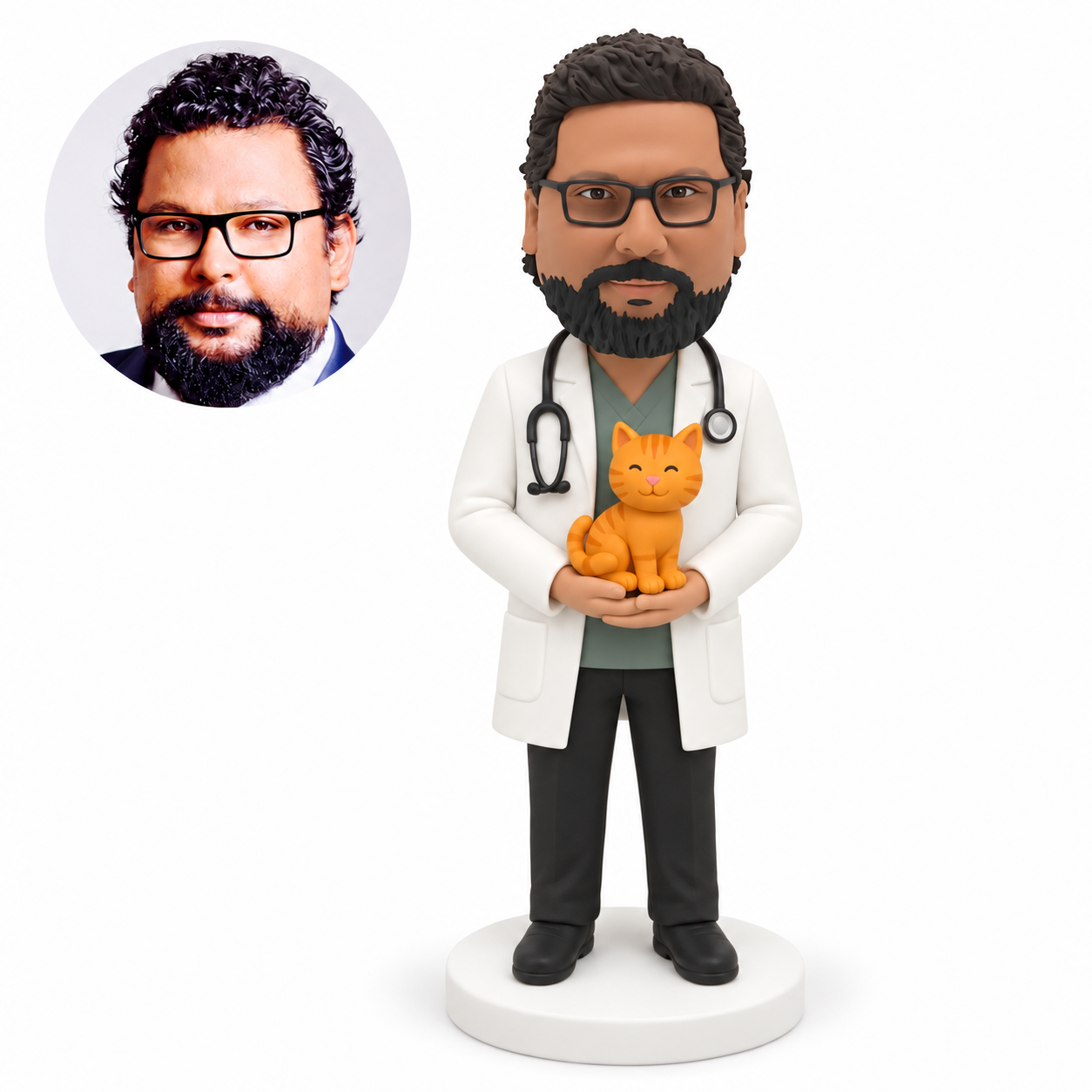 custom bobblehead figure male veterinarian supporting a seated cat in both hands