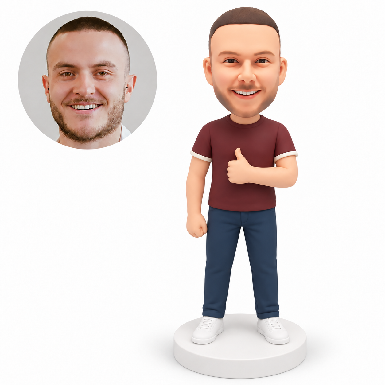 custom bobblehead figure man in a T-shirt and jeans giving a thumbs up across his chest with his other arm down