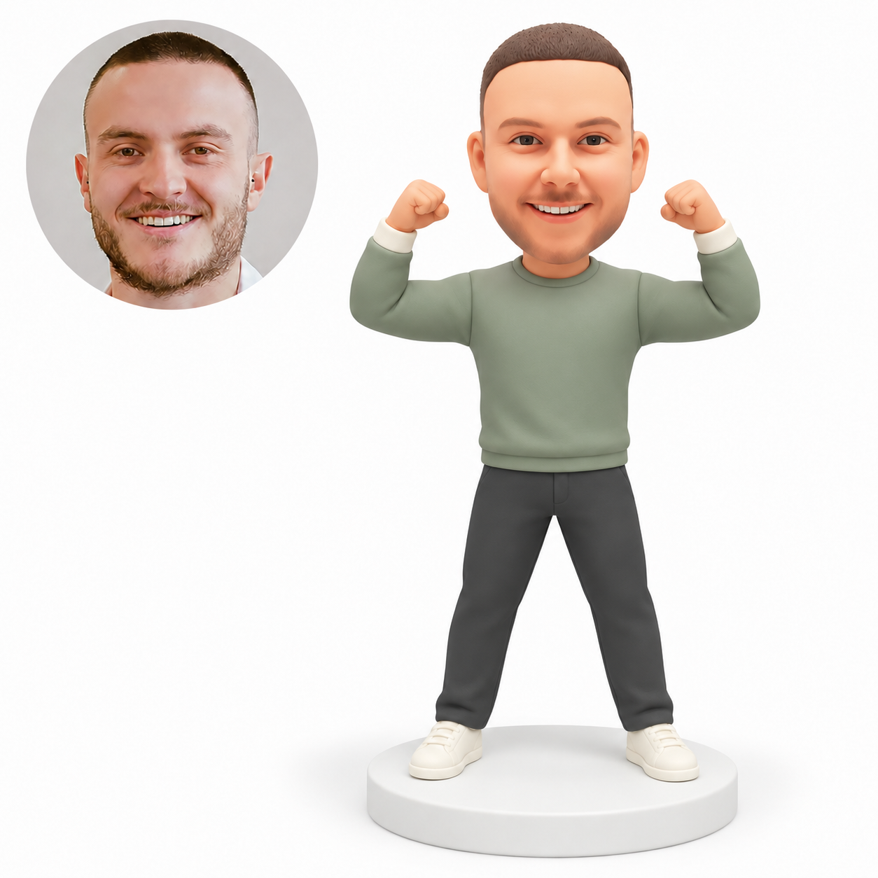 custom bobblehead figure man in a long-sleeved sweatshirt and trousers flexing both raised fists