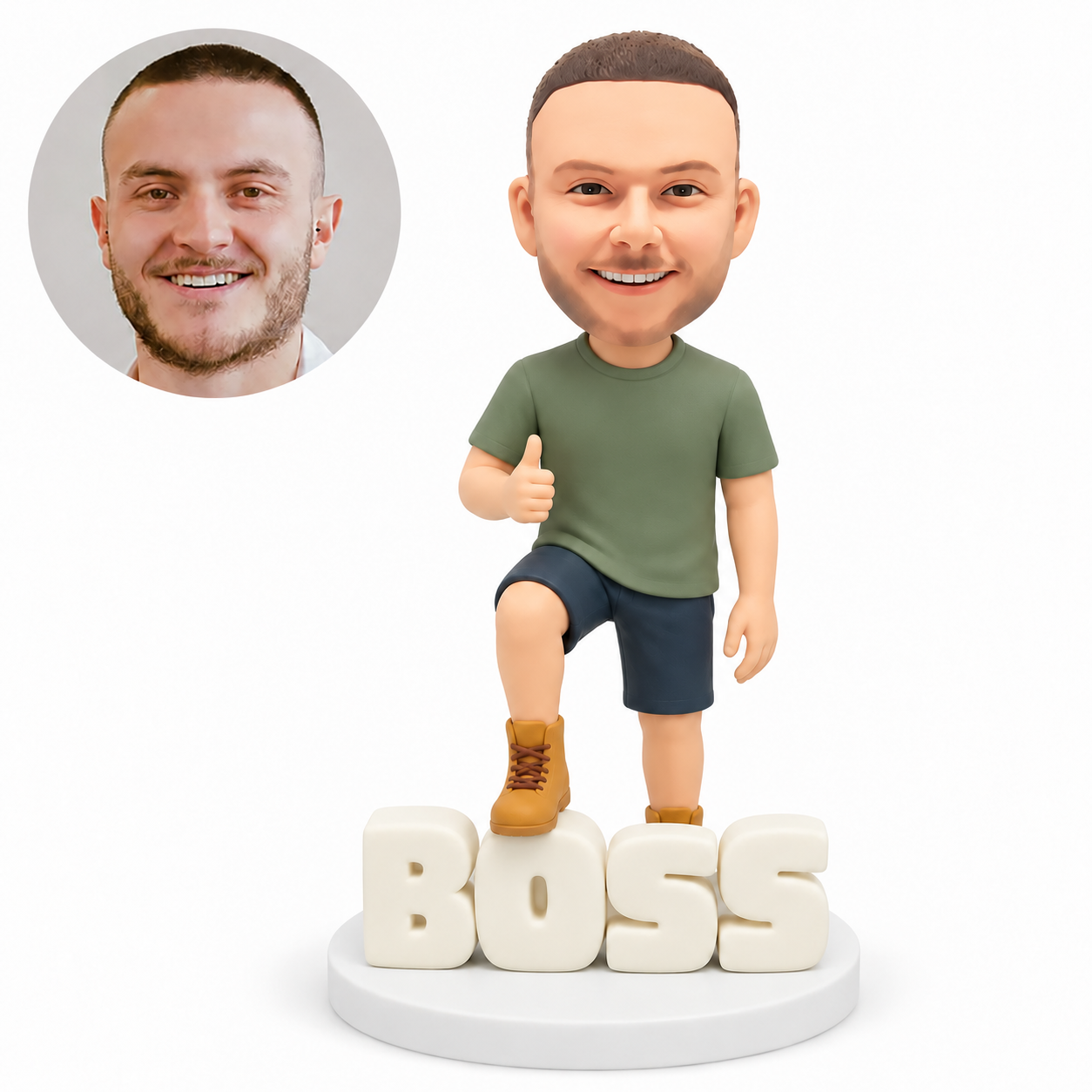 custom bobblehead figure man in shorts giving a thumbs up with one foot resting on BOSS letters MGA-AC1206