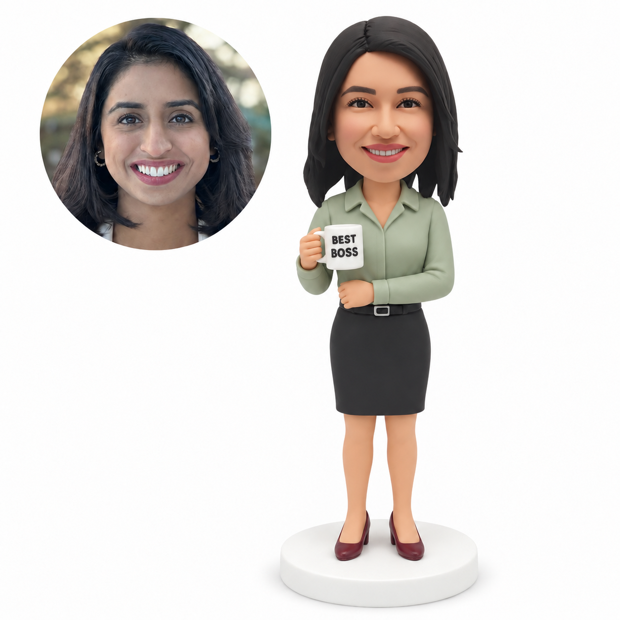 custom bobblehead figure woman in a blouse and skirt holding a mug with her other forearm across her waist MGA-AC1208