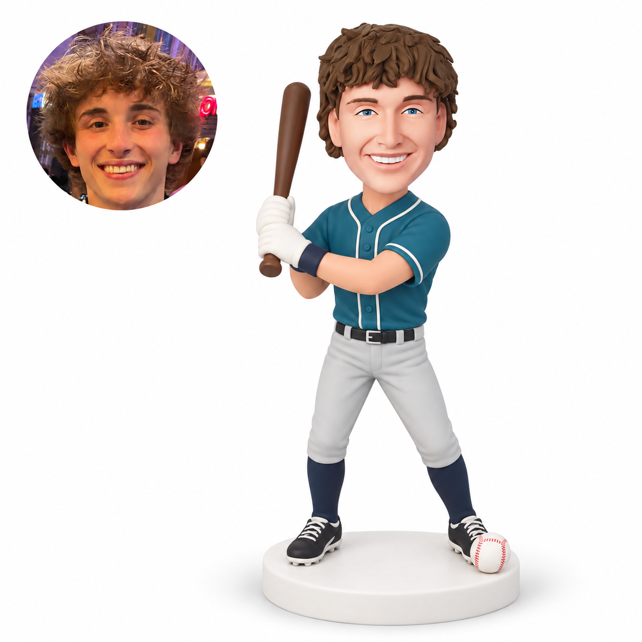 custom bobblehead figure male baseball batter holding a raised bat beside a baseball at his foot