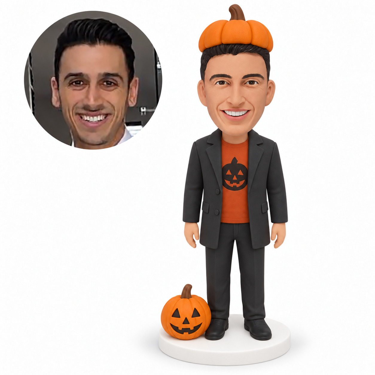 custom bobblehead figure man in a long jacket with a pumpkin hat and a jack-o-lantern beside his foot