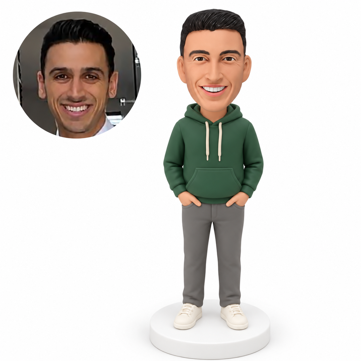 custom bobblehead figure man in a hooded pullover with both hands in his trouser pockets MGA-AC1242