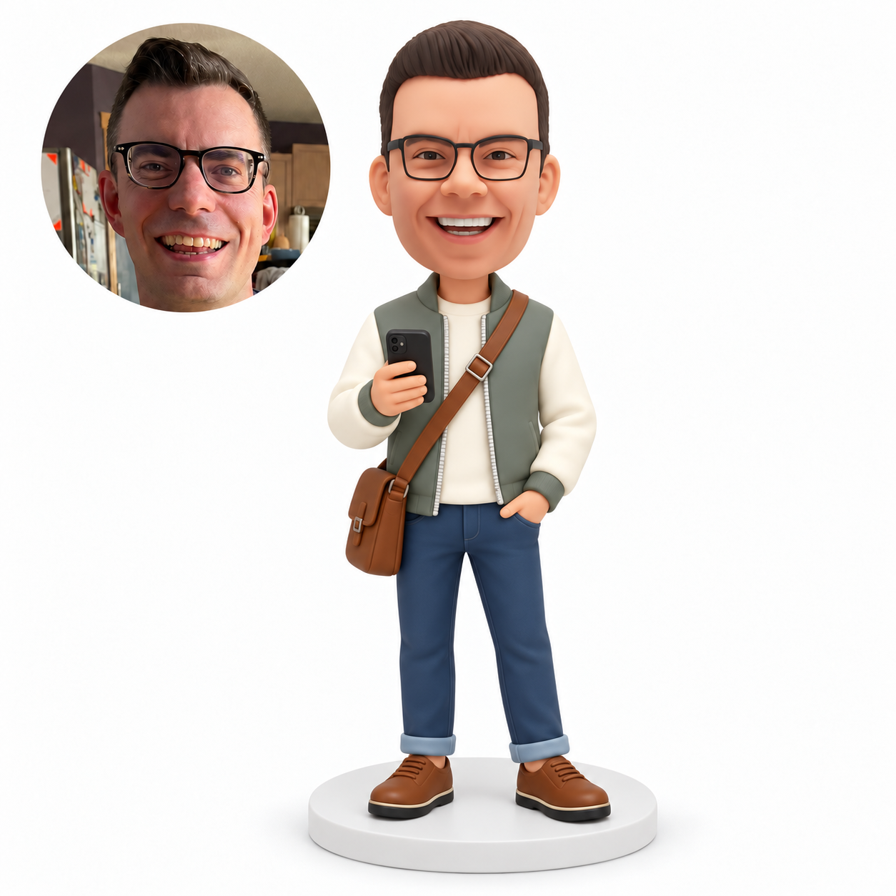custom bobblehead figure man in a casual jacket holding a smartphone with a crossbody bag MGA-AC1243