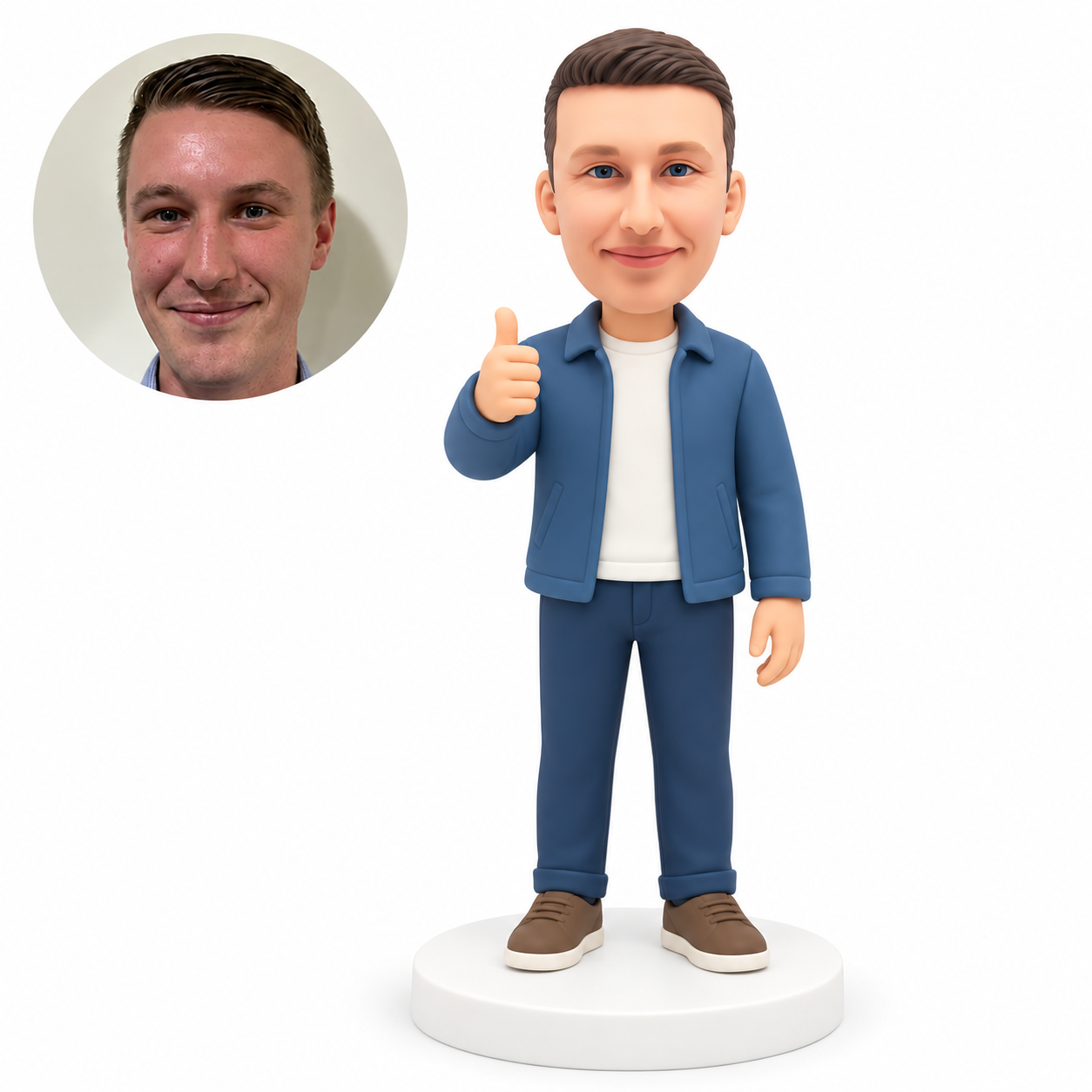 custom bobblehead figure man in an open jacket giving a thumbs up near his shoulder MGA-AC1259