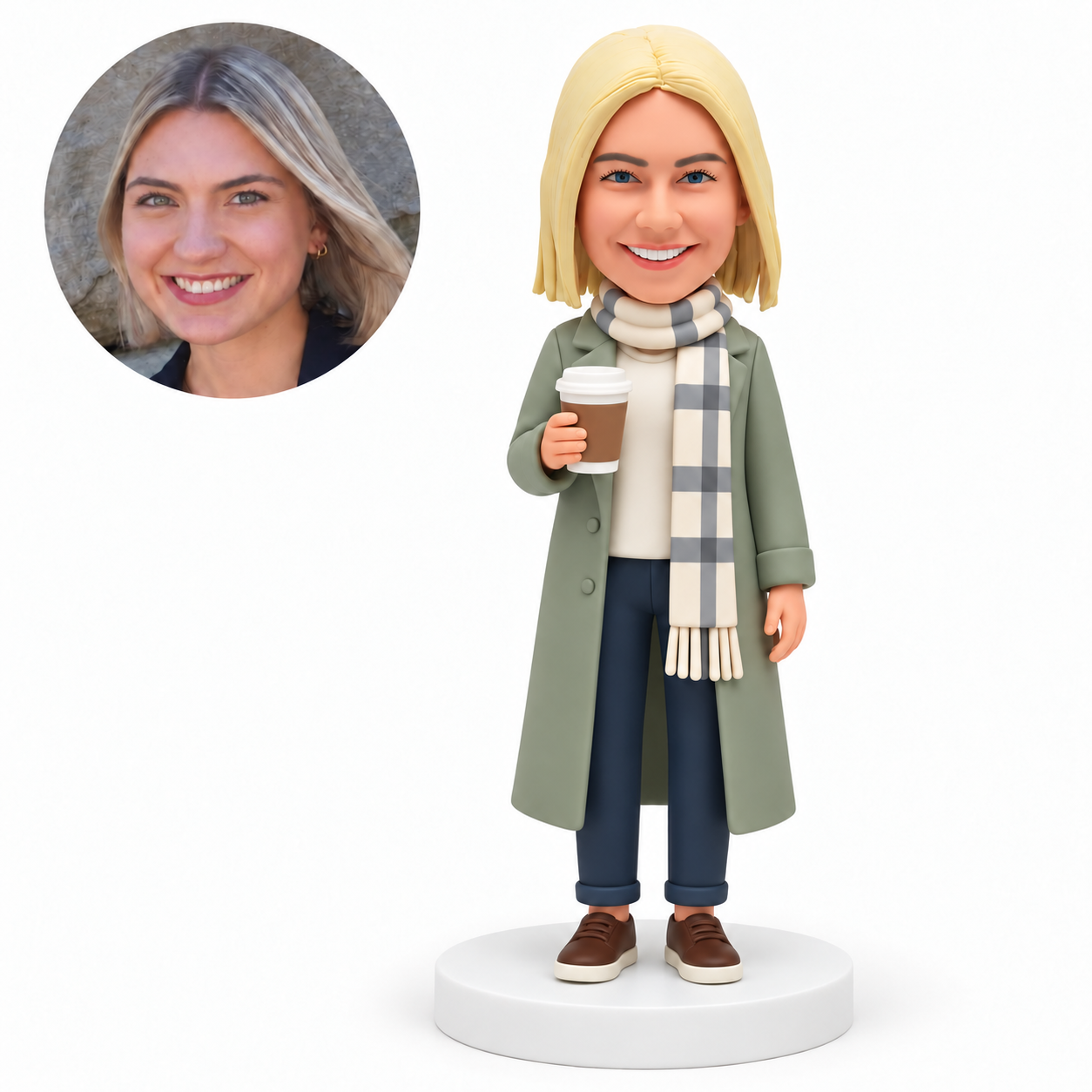 custom bobblehead figure woman in a long coat and scarf holding a takeaway coffee cup MGA-AC1264