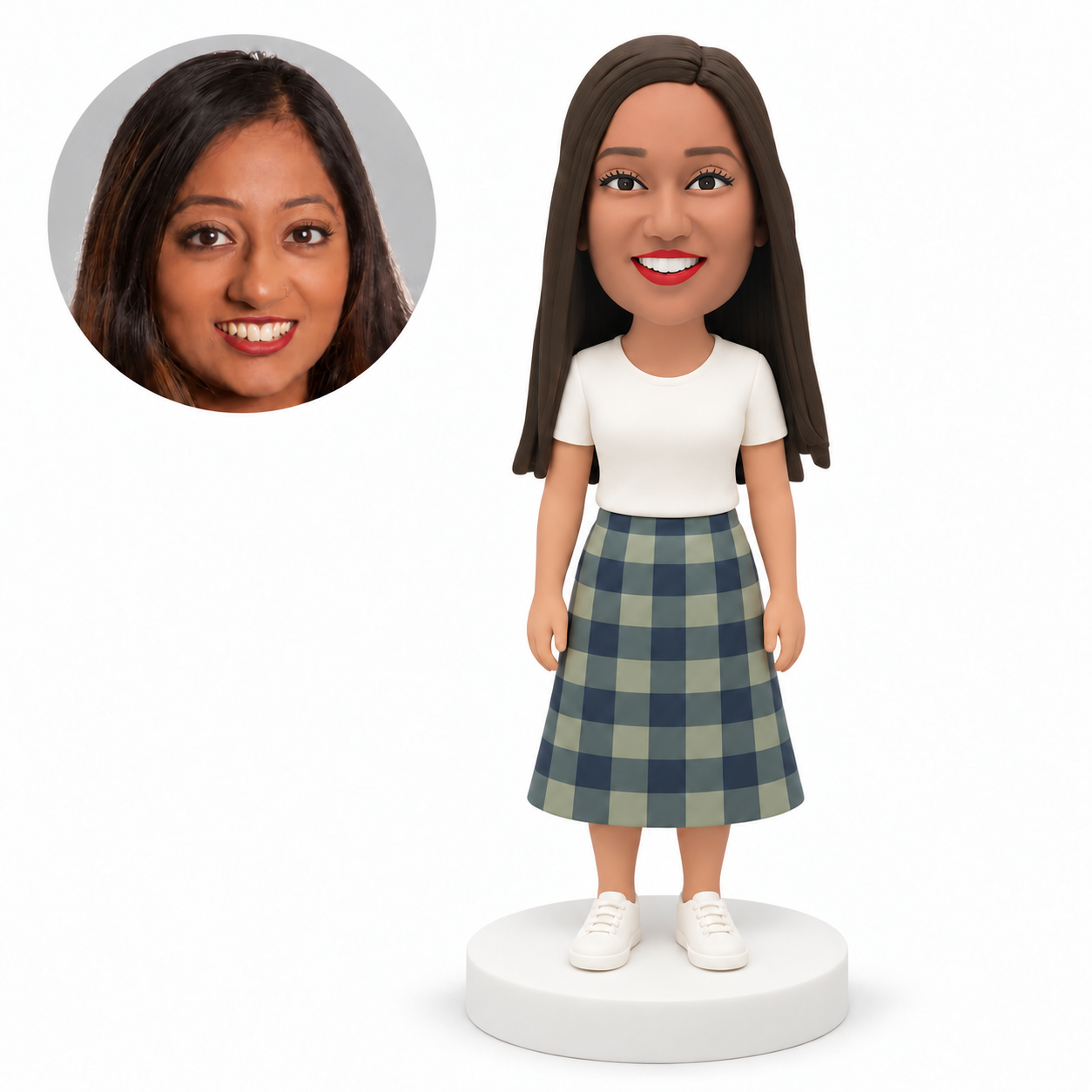 custom bobblehead figure woman in a t-shirt and a-line midi skirt with both arms down MGA-AC1270