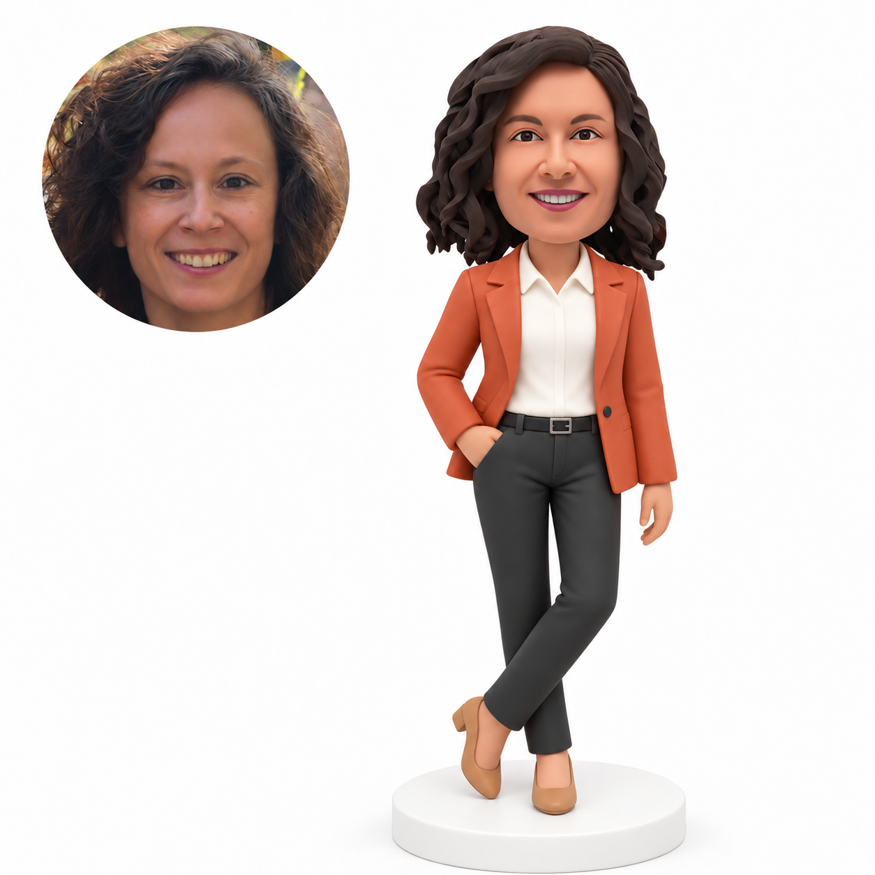 custom bobblehead figure woman in a jacket with crossed ankles and one hand in a trouser pocket MGA-AC1273