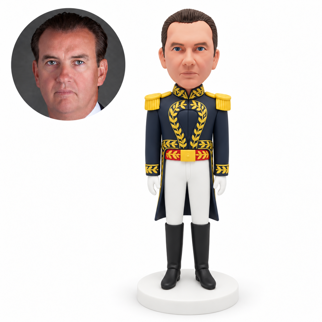 custom bobblehead figure man in a ceremonial tailcoat and sash with both gloved hands down MGA-AC1277